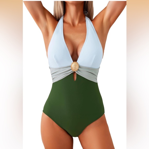 Eagerbuy Green and Light Blue Colorblock Swimsuit - Picture 2 of 13